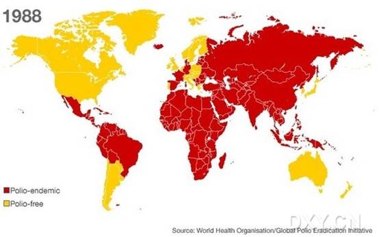 到1988年，脊髓灰质炎已经从美国、英国、欧洲大部、以及澳大利亚消失，但仍在世界其他超过125国家里流行。当年，世界卫生大会决定到2000年根除该病。